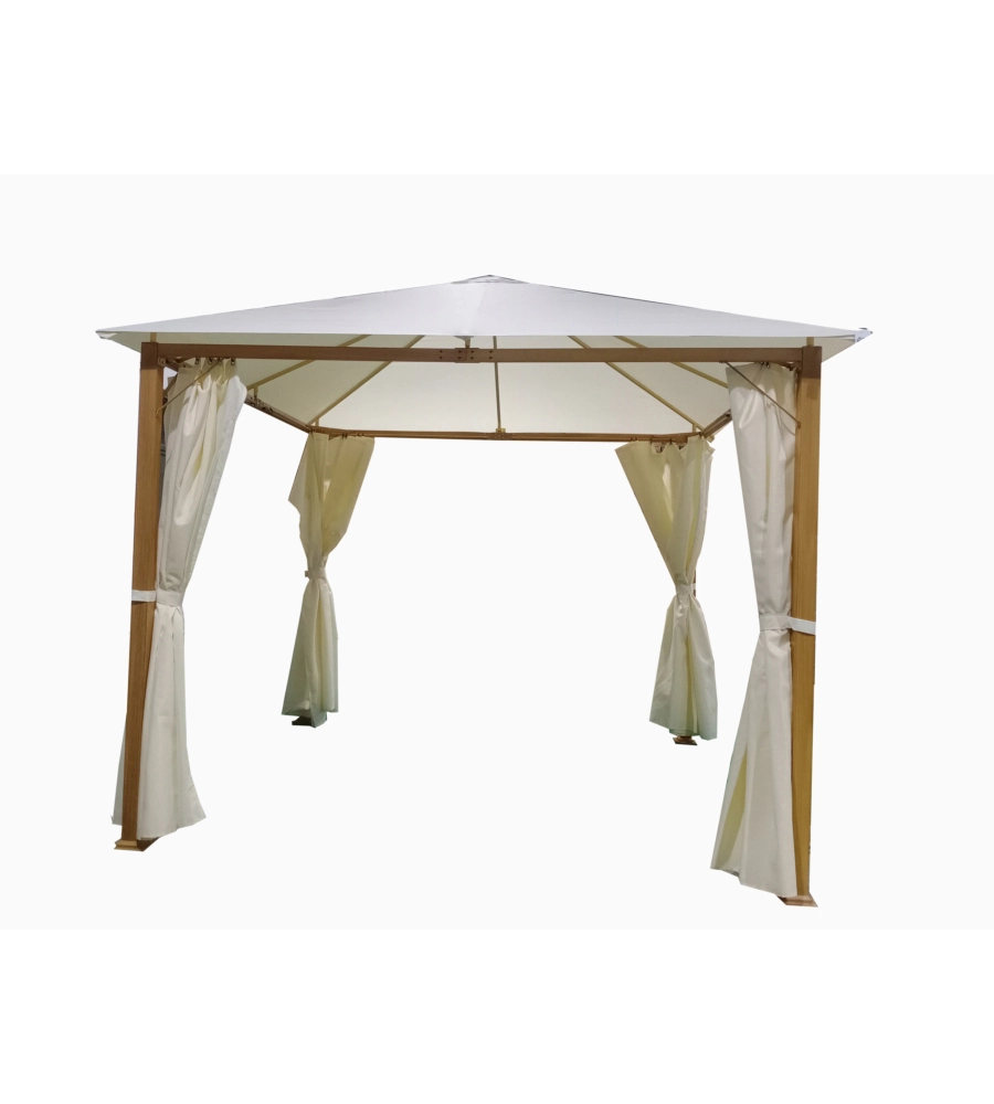 Gazebo da esterno euro garden "trento" in alluminio effetto legno con tende, 3x3 metri